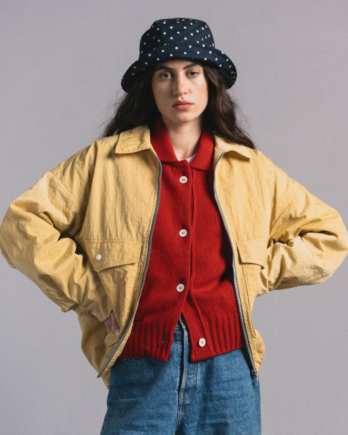Boxy Swing Jacket For Women - Grungy Japanese Nylon Twill - Yellow (Women)