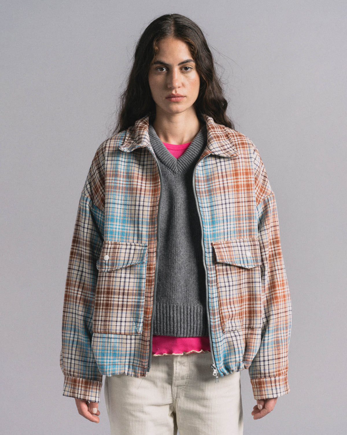 Boxy Swing Jacket For Women - Japanese Twill Check - Sand (Women)