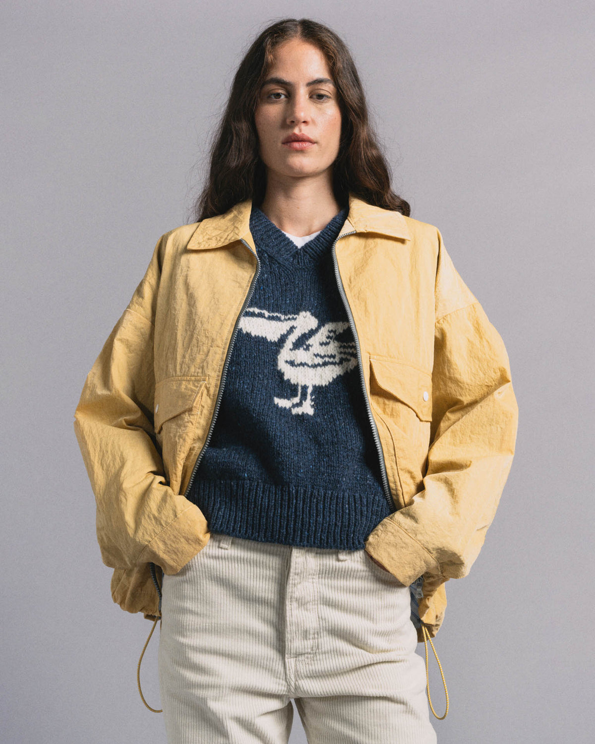 Boxy Swing Jacket For Women - Grungy Japanese Nylon Twill - Yellow (Women)