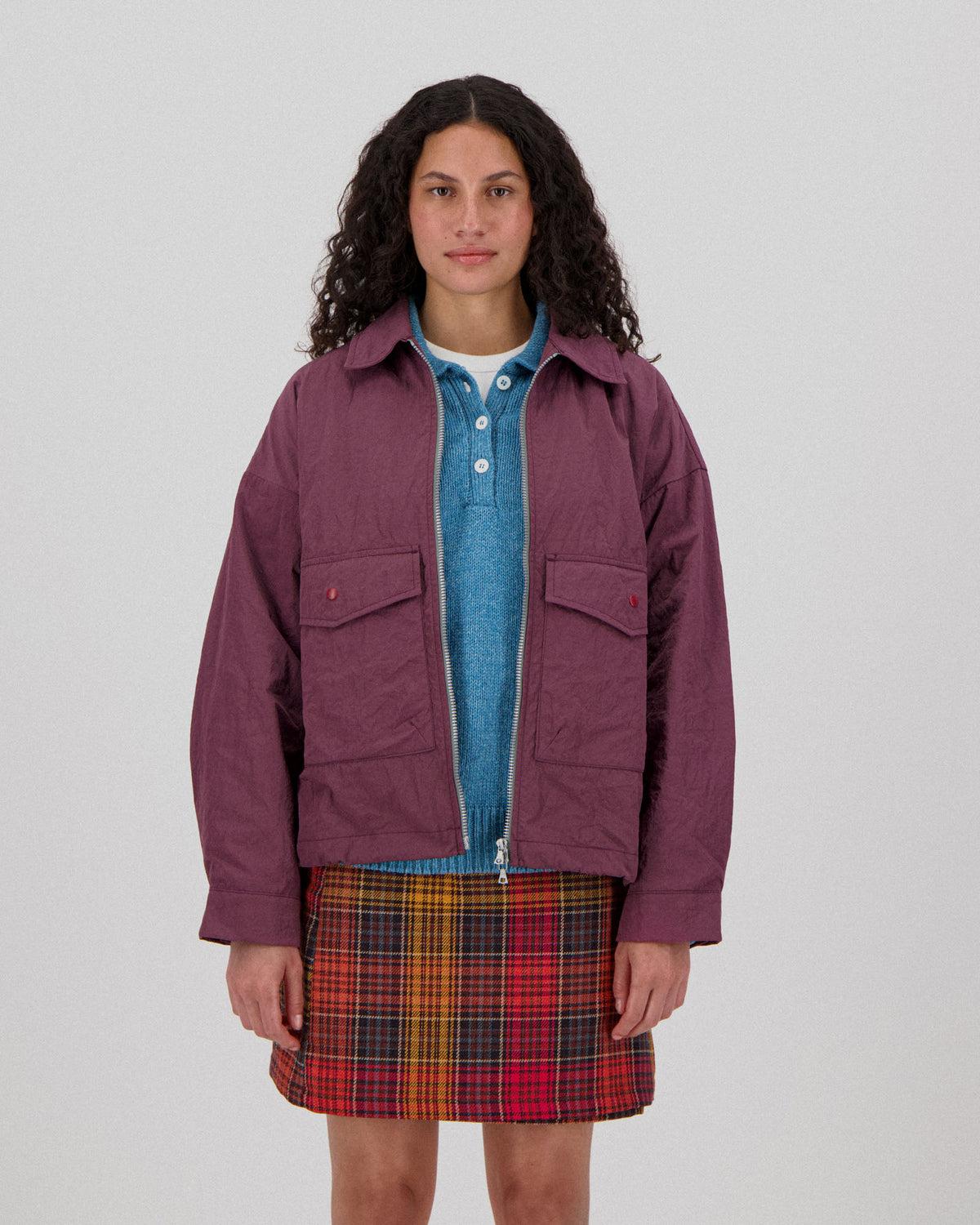 Boxy Swing Jacket For Women - Grungy Japanese Nylon Twill - Burgundy (Women)