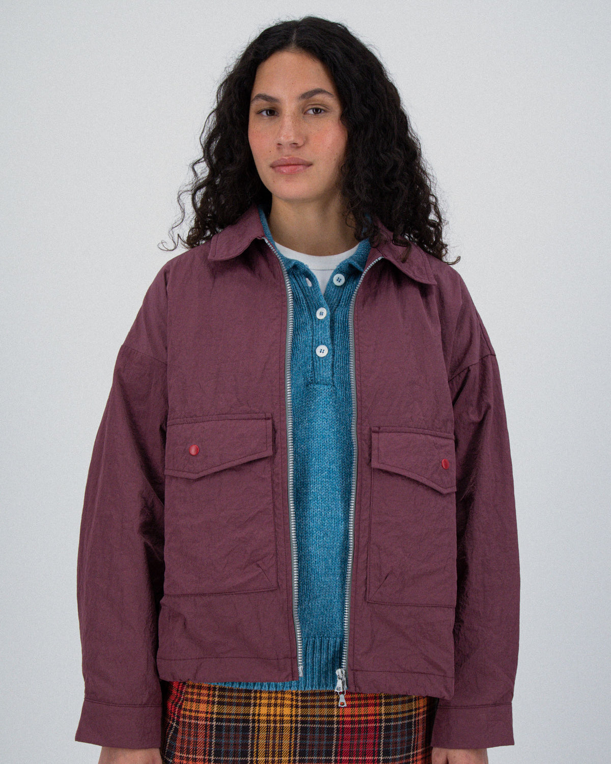 Boxy Swing Jacket For Women - Grungy Japanese Nylon Twill - Burgundy (Women)